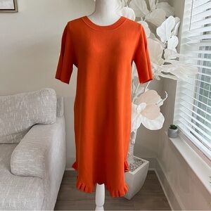 See By Chloe Orange Stretch Knit Ruffle Trimmed Short Sleeve Midi Dress